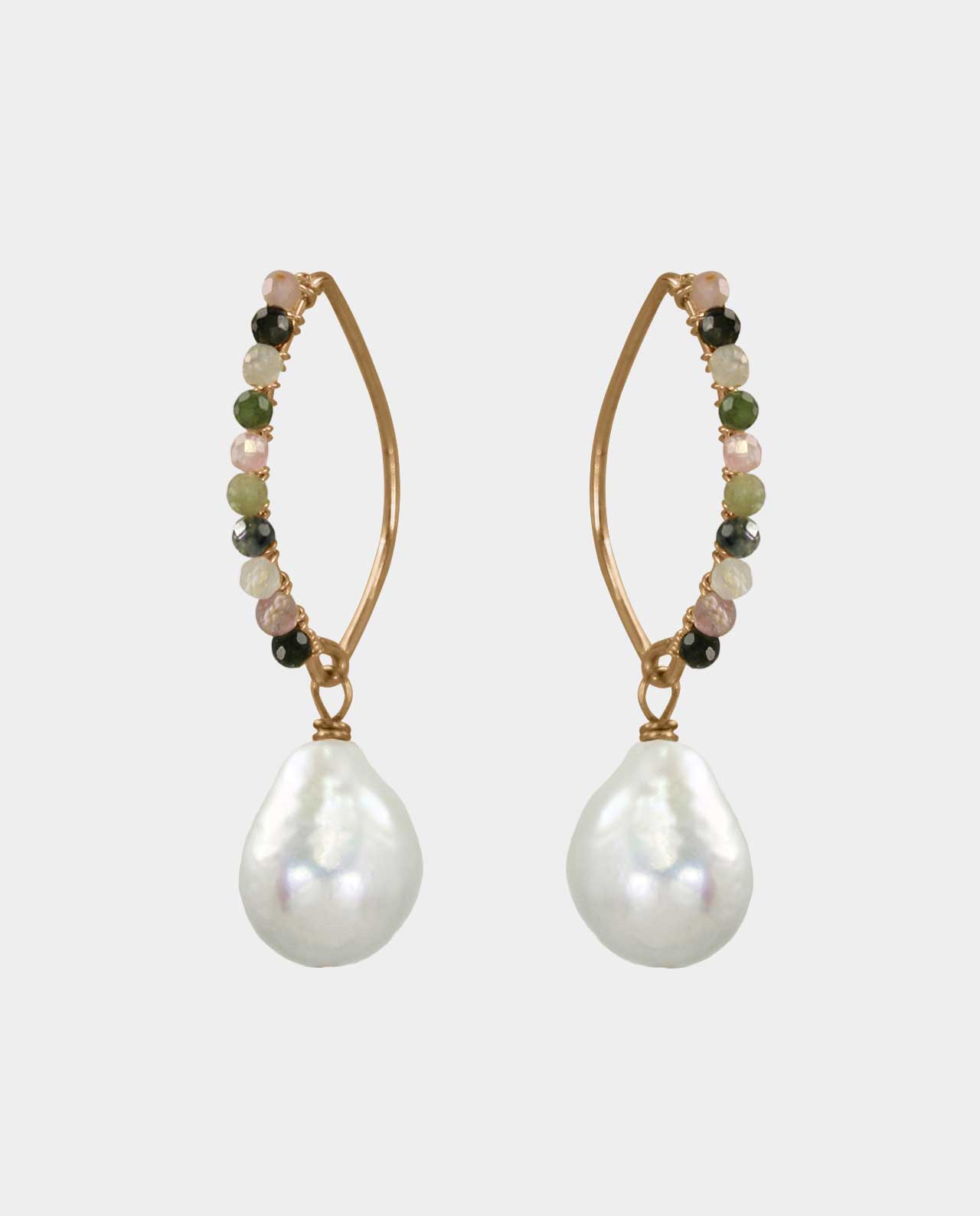 Adorable earrings with multi-coloured tourmalines and white baroque pearls that raise the standard for the design of handmade jewelry and gift you with a feminine beauty and are also a piece of jewelry that triggers the envy of your female friends